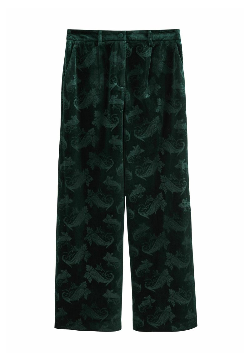 Pantaloni largi din catifea verde închis, cu un model subtil paisley, închidere cu buton frontal și curea.