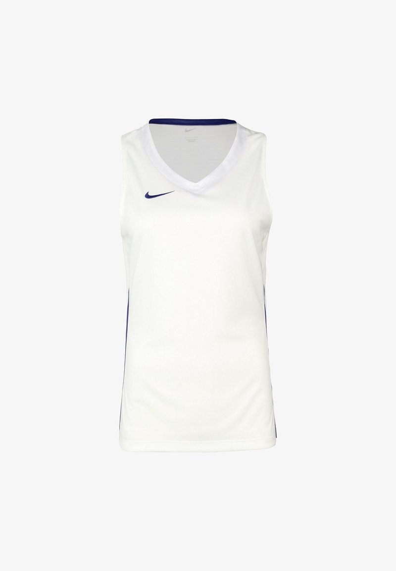 Débardeur sportif sans manches blanc avec logo Nike Swoosh bleu marine sur la poitrine et bordure intérieure du col bleu marine.