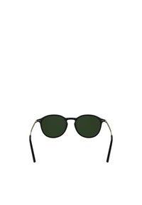 Kerek napszemüveg sötétzöld lencsékkel, fekete műanyag kerettel, aranyszínű díszítéssel a zsanéroknál és vékony fekete szárakkal.