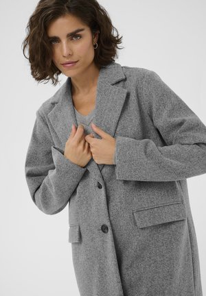 Grau melierter Woll-Mix-Mantel mit Reverskragen, großen Knöpfen und seitlichen Taschen. Das Modell passt die Front an und zeigt die weiche Textur und die maßgeschneiderte Passform.