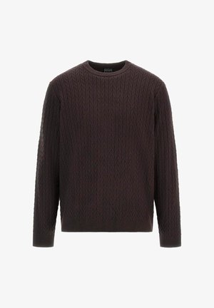 Maglione girocollo lavorato a maglia di colore viola scuro, caratterizzato da un motivo a spina di pesce testurizzato e da polsini e orlo a coste. Vestibilità standard con maniche lunghe.