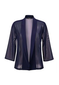 Marineblauwe doorschijnende kimono met een ontspannen pasvorm, open voorkant en driekwartmouwen. Lichtgewicht stof met een gladde textuur en zonder versieringen.