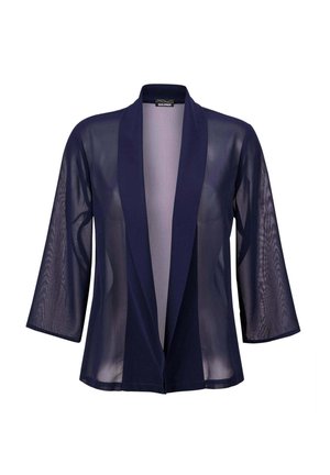 Kimono en voile bleu marine avec une coupe décontractée, devant ouvert et manches trois-quarts. Tissu léger avec une texture douce et sans ornements.