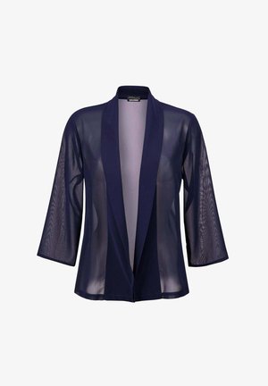 Kimono en voile bleu marine avec une coupe décontractée, devant ouvert et manches trois-quarts. Tissu léger avec une texture douce et sans ornements.