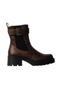 Bottine en cuir marron avec un panneau latéral élastique noir, une sangle avec boucle en haut, et un talon et une semelle noirs épais.