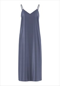 Robe nuisette longue en satin gris foncé, sans manches, à fines bretelles et décolleté en V, présentée sur fond blanc.