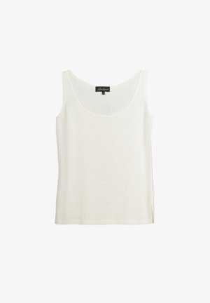 White tank top with a round neckline and wide straps. Made from lightweight fabric, featuring side slits for ease of movement.