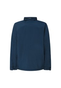 Mörkblå långärmad skjorta med krage, knapplåsa och en slät, matt yta. Har noggrant sömnad och en skräddarsydd passform baktill.