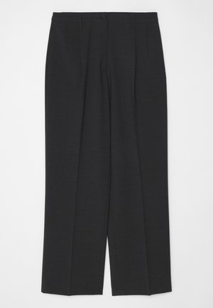 Mørkegrå skræddersyede bukser med lige ben, der har en enkelt knaplukning og to for-pliéer, glat tekstur og ingen pynt.