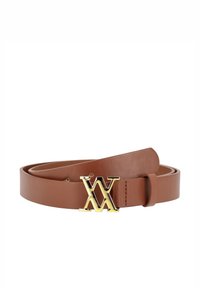 Brun læderbælte med et slankt design prydet med en guldmetallisk dobbel 'X' spænde. Glat tekstur, justerbar længde og minimale syninger.
