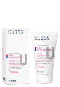 EUBOS Urea Intensive Care lotion tube and box. Tube is white with blue text; box is white with pink and gray accents, detailing product benefits.