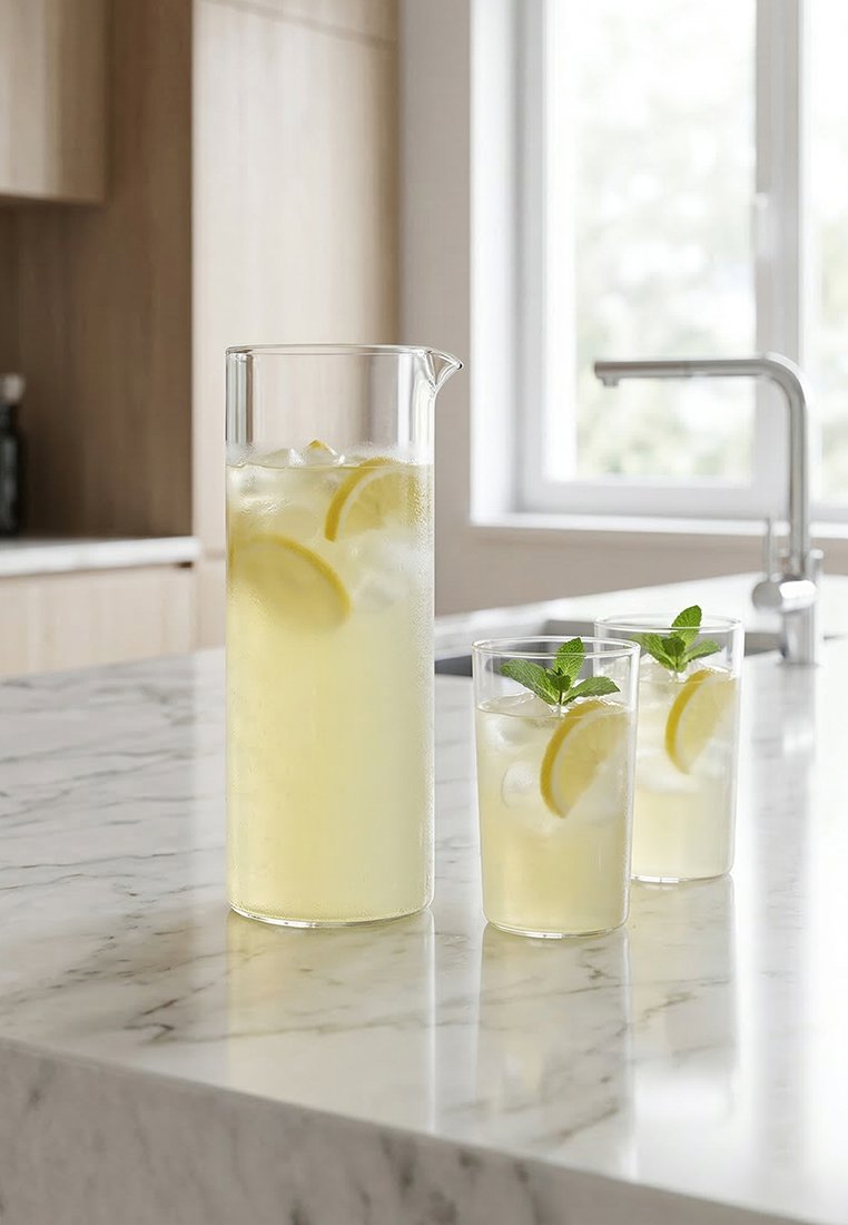 Dzbanek i dwie szklanki mrożonej lemoniady z plasterkami cytryny i liśćmi mięty na marmurowym blacie kuchennym przy oknie.