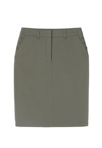 Khaki tužková sukně z hladkého a texturovaného materiálu. Má přední kapsy a dekorativní knoflíky po stranách. Přizpůsobený střih.
