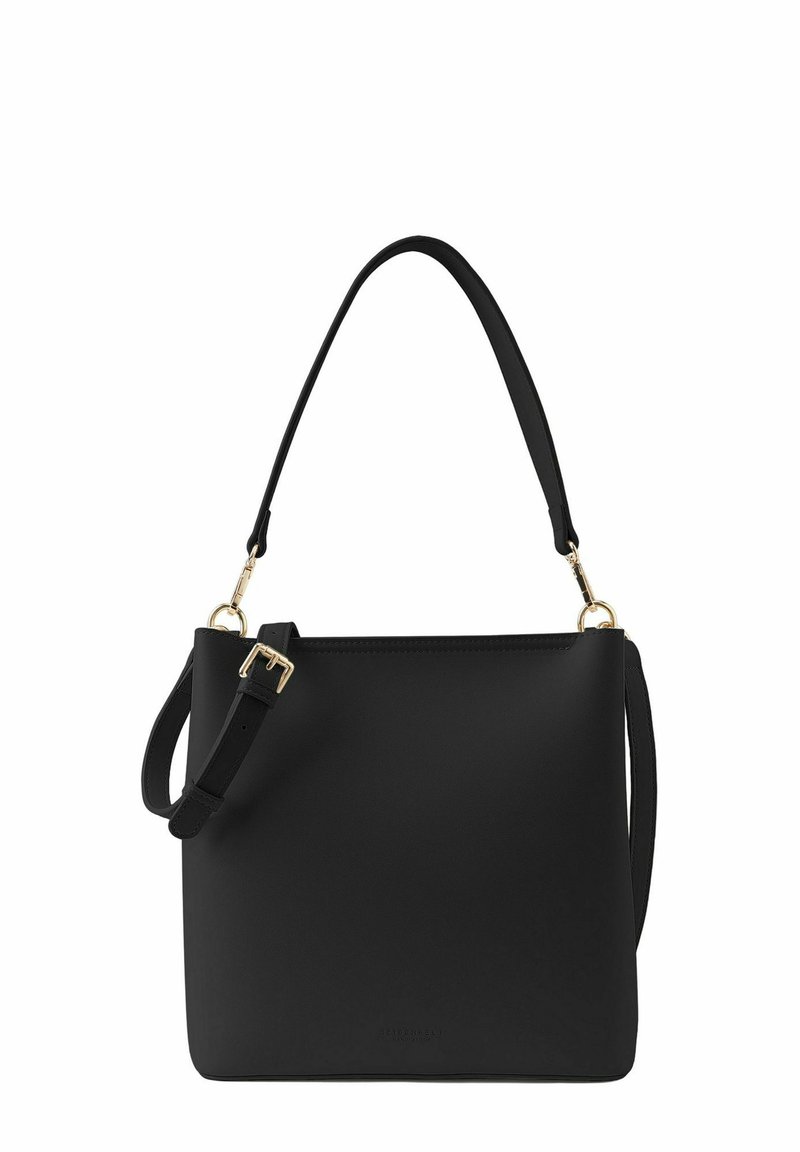 Sac à main en cuir noir à la forme structurée, avec une poignée supérieure et une sangle ajustable. Il est équipé de ferrures dorées et présente une finition mate lisse.