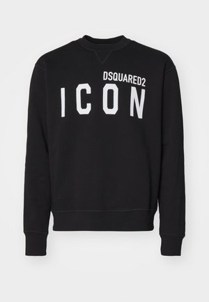 Čierna mikina vyrobená z mäkkej tkaniny s kruhovým výstrihom a dlhými rukávmi. „DSQUARED2“ a „ICON“ vytlačené tučnými bielymi písmenami.