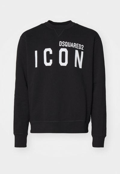 Sudadera negra de tejido suave con cuello redondo y mangas largas. "DSQUARED2" y "ICON" impresos en letras blancas en negrita.