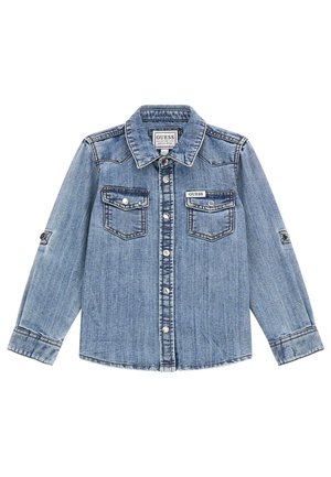 Vaaleansininen farkkutakki, jossa napillinen etupuoli, kaksi rintataskua ja klassinen kaulus. Siinä on kontrastiväriset saumat ja säädettävät hihansuut.