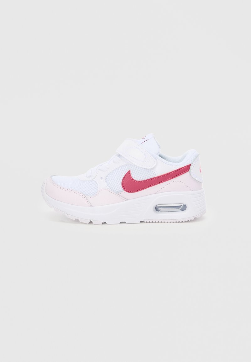 Balts un rozā sporta apavi ar gludu sintētisku augšdaļu, regulējamu siksnu, sieta paneļiem un redzamu gaisa amortizāciju zolē.