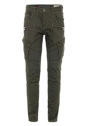 Olivgrüne Slim-Fit-Hosen mit mehreren Reißverschlusstaschen, Nähdetails und einer strukturierten Oberfläche. Hergestellt aus strapazierfähigem Material.