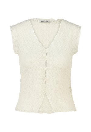Witte kanten blouse met korte mouwen, V-hals en knopen aan de voorkant, met een bloemmotief en een label met de tekst America Today.