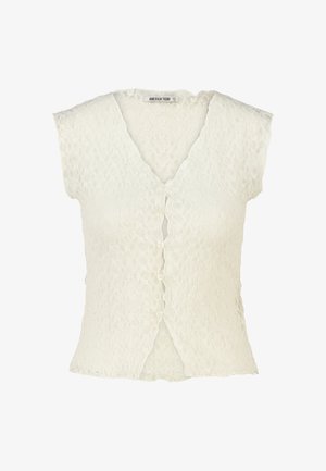 Witte kanten blouse met korte mouwen, V-hals en knopen aan de voorkant, met een bloemmotief en een label met de tekst America Today.