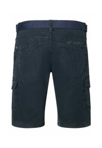 Marineblauwe cargoshorts met meerdere zakken, stevige stof, rechte pasvorm en een geweven tailleband; heeft decoratieve stiksels op de zakken.