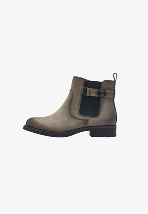 Gray faux leather ankle boot with elastic side panel, strap accent, round toe, and low block heel, featuring visible stitching detail.