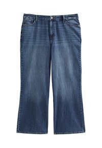 Denimjeans i mörkblått med vid benknippning, som har en standard midja, framfickor och subtila blekningseffekter.
