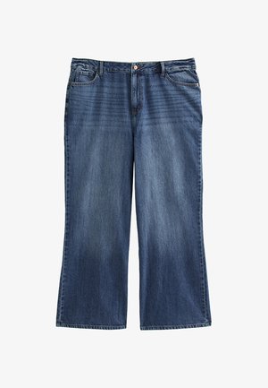 Vaqueros de mezclilla en azul oscuro con corte de pierna ancha, que cuentan con una cinturilla estándar, bolsillos frontales y sutiles efectos de desgaste.