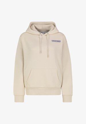 Cremefarbener Hoodie mit Fronttasche, Kordelzug und "TOGETHER"-Aufdruck in Blau. Weiche Textur und gerippte Bündchen an Ärmeln und Saum.