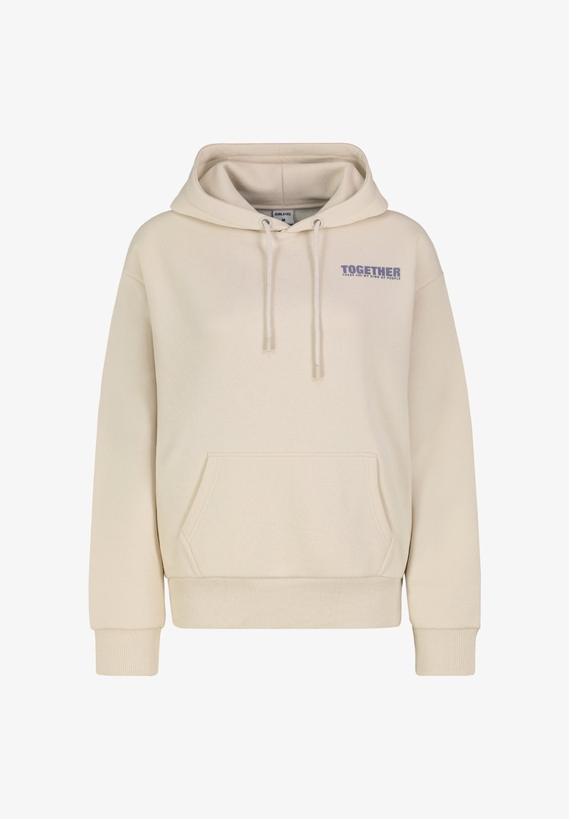 Cream-colored hoodie with a front pocket, drawstrings, and "TOGETHER" print in blue. Soft texture and ribbed cuffs at sleeves and hem.