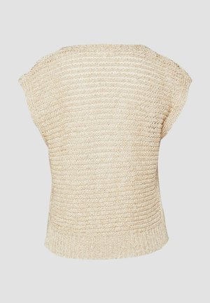 Beige gebreide mouwloze trui met geribde zoom, voorzien van een gestructureerd open geweven patroon.