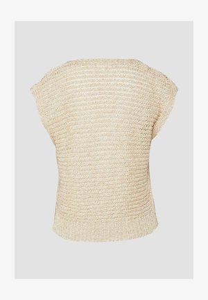 Beżowy, bezrękawnik z dzianiny z prążkowanym dołem, o teksturowanym, ażurowym wzorze.