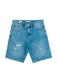 Pantalones cortos de mezclilla, azul claro, con un corte clásico, detalles desgastados, cinco bolsillos y cierre frontal con botón.