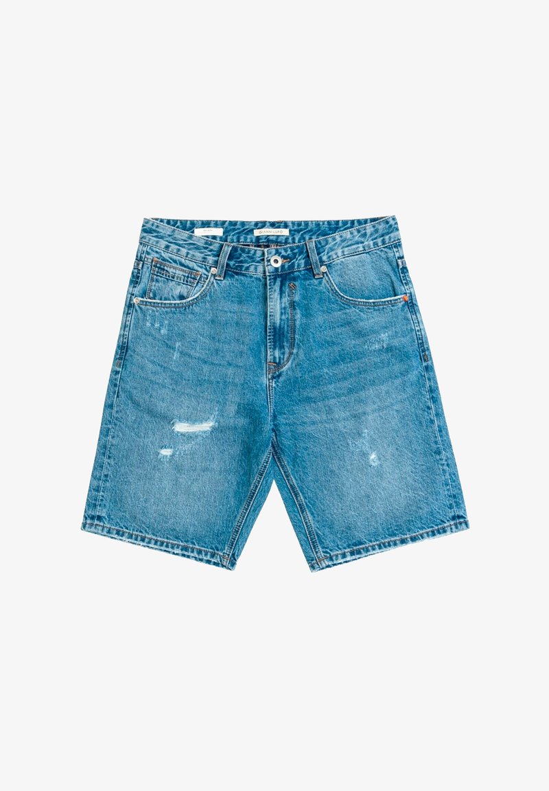 Pantalones cortos de mezclilla, azul claro, con un corte clásico, detalles desgastados, cinco bolsillos y cierre frontal con botón.