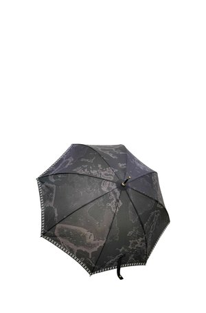 Ombrello nero con motivo mappa del mondo in linee grigie e cuciture bianche lungo i bordi.