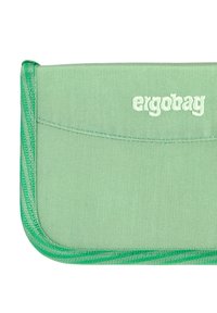 Green fabric pencil case with a textured surface, featuring a flap closure and the embossed logo "ergobag" in light green thread.