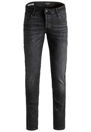 Jean en denim noir à coupe slim, arborant un design classique à cinq poches, des passants de ceinture et des whiskers subtils sur le devant.