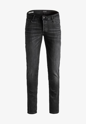 Black denim jeans with a slim fit, featuring a classic five-pocket design, belt loops, and subtle whiskering on the front.