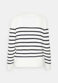 Neulottu neulepaita, jossa on valkoiset ja tummansiniset vaakaraidat, resorikuvio ja pyöreä pääntie. Takapuoli esillä pitkähihaisena.