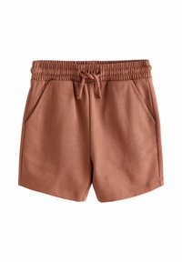 Barna elasztikus derékpántos rövidnadrág első zsebekkel és húzózsinóros megkötővel, puha, könnyű anyagból készült.