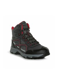 Black and gray waterproof hiking boot with red accents, padded ankle support, and patterned laces, designed for outdoor use.