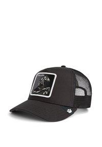 Casquette de camionneur noire avec dos en mesh, ornée d'un patch rectangulaire noir et blanc d'un cheval, en tissu texturé et avec une visière courbée.