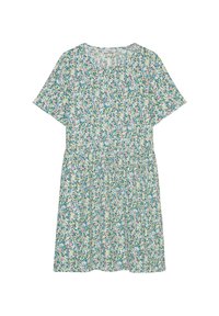 Kraťasové šaty po kolena s pastelovým květinovým vzorem v modré, růžové, zelené a bílé barvě, s kulatým výstřihem a nařaseným pasem.