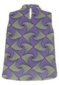 Haut sans manches avec col montant et découpe en forme de clé dans le dos, présentant un motif tourbillonnant géométrique violet et vert.