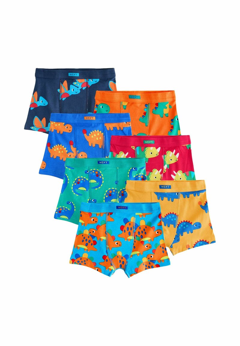 Set di biancheria intima per bambini dai colori vivaci con dinosauri e motivi, caratterizzato da vari colori come blu, arancione, verde e rosso.