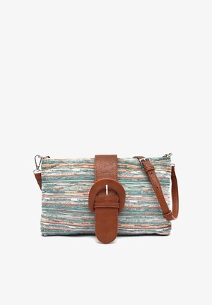 Rectangular multicolor fabric crossbody bag with brown leather buckle strap and adjustable shoulder strap, photographed on white background.