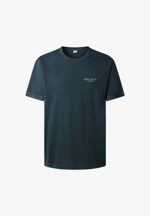 Schwarzes Baumwoll-T-Shirt mit rundem Ausschnitt, kurzen Ärmeln und kleinem weißem "PEPE JEANS London" Logo auf der Vorderseite.