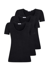 Tre t-shirt nere a maniche corte con scollo rotondo, realizzate in materiale morbido, caratterizzate da un design aderente e cuciture uniformi.