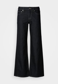 Φαρδιά σκουρόχρωμα τζιν με ψηλή μέση, σχέδιο με πέντε τσέπες και αντίθετη κίτρινη ραφή κατά μήκος των ραφών.